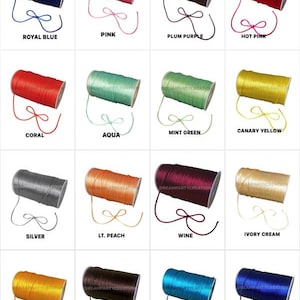 May include: A grid of spools of colorful cord in various shades, including royal blue, pink, plum purple, hot pink, coral, aqua, mint green, canary yellow, silver, lt. peach, wine, ivory cream, yellow gold, brown, and turquoise. Each spool has a matching bow.