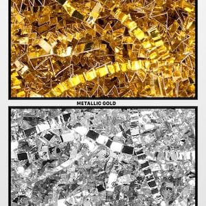 May include: Two close-up images of metallic shredded paper. The top image shows gold shredded paper. The bottom image shows silver shredded paper.