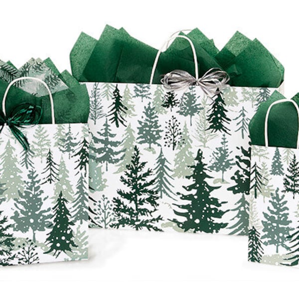 Holiday SNOWY PINES Design Christmas Shopping Gift Paper (Bag Only) Choose Size & Package Amount (Matte Finish-NO Shine)