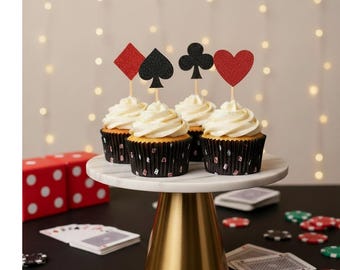 GLITTER Playing Card SUIT SHAPE Casino Night Party Cupcake Toppers Choose 2" or 4" and Package Amount