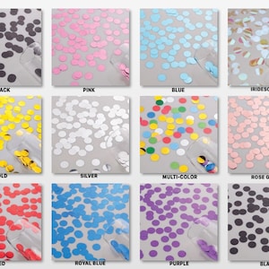 May include: Assortment of confetti in various colors, including black, pink, blue, iridescent, gold, silver, multi-color, rose gold, red, royal blue, purple, and black.