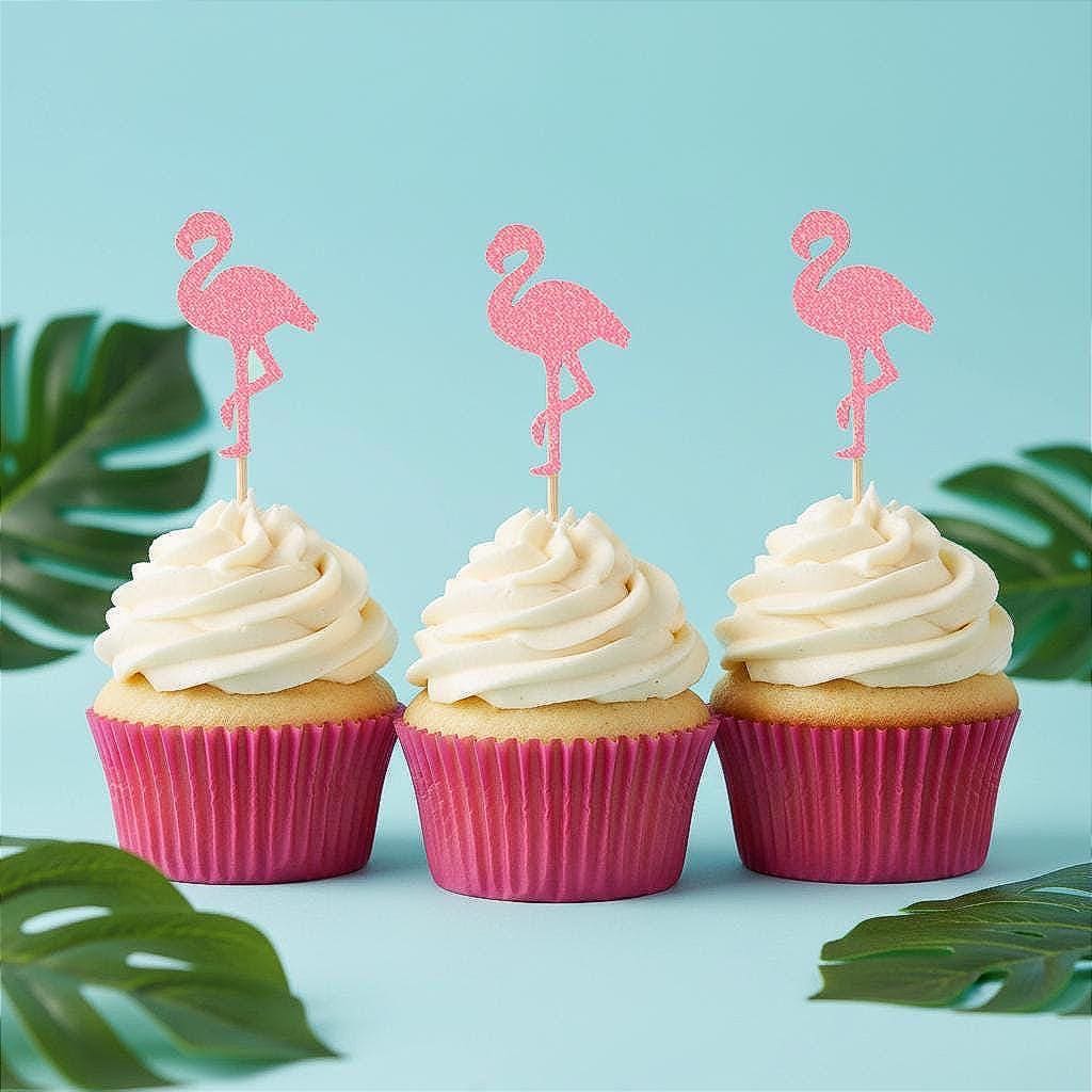 Tropical Flamingo Pink Glitter 3-1/2" Cupcake Toppers
