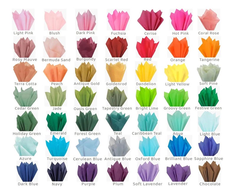 May include: A collection of colorful tissue paper sheets arranged in a tulip shape. The tissue paper comes in a variety of colors, including pinks, reds, oranges, yellows, greens, blues, purples, and browns. Each sheet is approximately 10 inches wide.