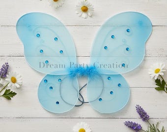 BLUE Butterfly Fairy Nylon WINGS Glitter & Gemstones Design Choose Size