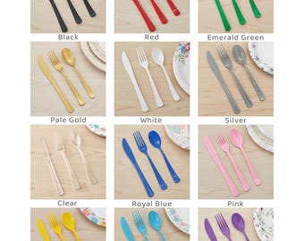Pack of 24 Plastic CUTLERY Set, Knife, Fork, and Spoon, Party Utensils, Choose Color