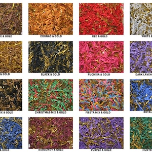 May include: A collage of 16 different colours of shredded paper with gold glitter. The colours include chocolate, cognac, red, white, natural, black, fuchsia, dark lavender, leopard mix, Christmas mix, fiesta mix, royal, navy, burgundy, purple, and hunter.