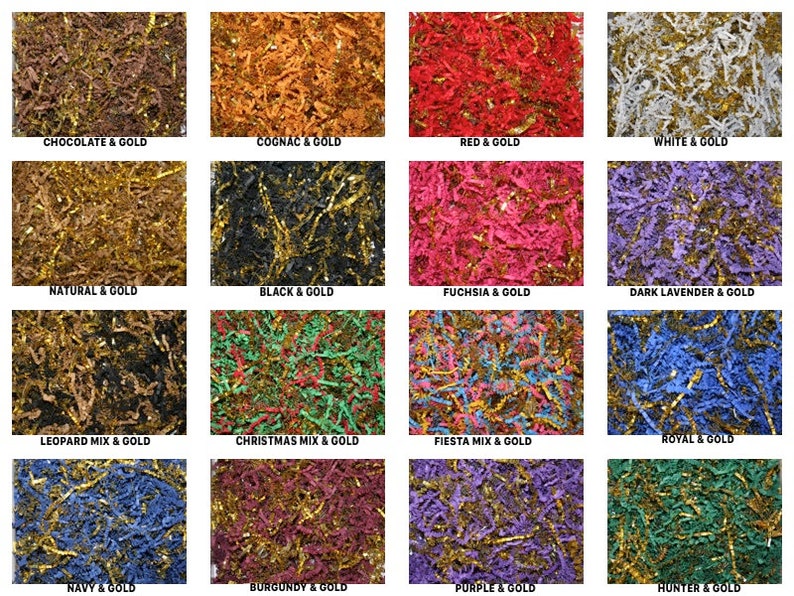 May include: A collage of 16 different colours of shredded paper with gold glitter. The colours include chocolate, cognac, red, white, natural, black, fuchsia, dark lavender, leopard mix, Christmas mix, fiesta mix, royal, navy, burgundy, purple, and hunter.