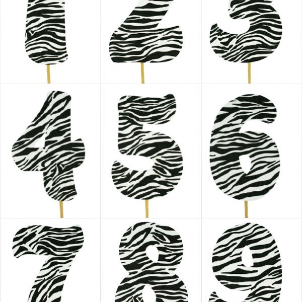 ZEBRA Stripes Print Design Birthday NUMBER Cake Topper 5.5" Tall Choose Number