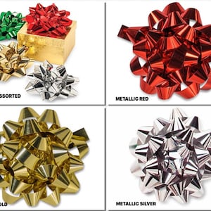 May include: Assorted gift bows in green, red, gold, and silver. The bows are arranged around a gold gift box. The text "ASSORTED" is below the group of bows. Individual metallic red, gold, and silver bows are also shown with their color names.
