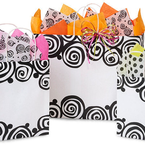 BOHEMIAN SWIRLS Design Print White Kraft Shopping Gift Paper Bag Only Choose Size (CLOSEOUT)