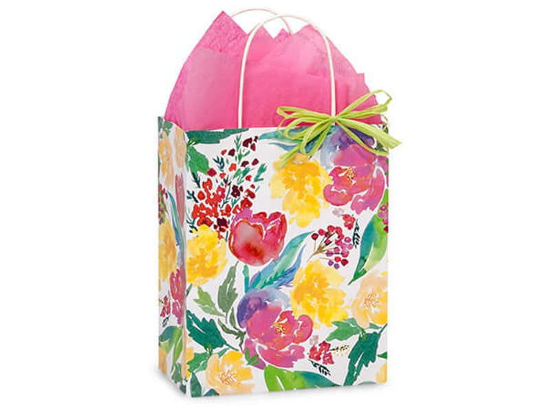 WATERCOLOR GARDEN Blooms Design CUB Size 8x4.75x10.25 Bag With Choice of Tissue Paper Color and Package amount