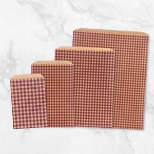 May include: Four paper bags of varying sizes, arranged from smallest to largest. Each bag features a burgundy and tan gingham pattern on the front and sides, with a natural kraft paper top.