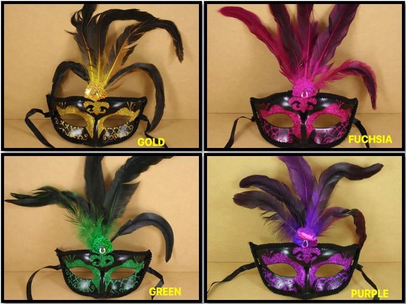 Economical FANCY Mardi Gras Feathered Plastic GLITTER MASK Choose Col…