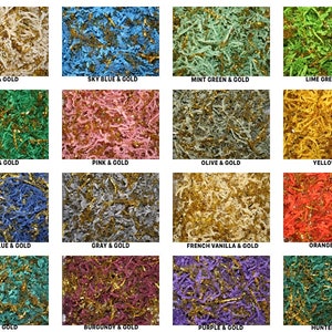 May include: A collage of 16 different coloured shredded paper with gold glitter. The colours include ivory, sky blue, mint green, lime green, green, pink, olive, yellow, royal blue, grey, French vanilla, orange, teal, burgundy, purple, and hunter green.