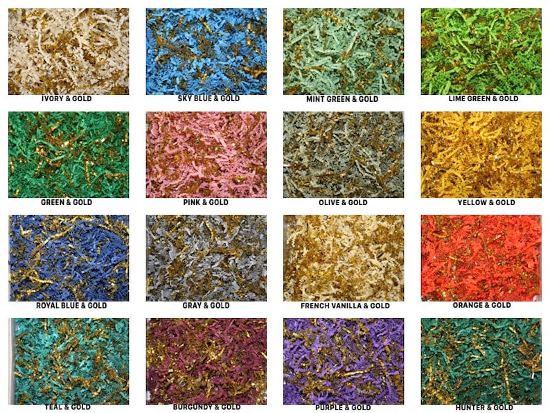 May include: A collage of 16 different coloured shredded paper with gold glitter. The colours include ivory, sky blue, mint green, lime green, green, pink, olive, yellow, royal blue, grey, French vanilla, orange, teal, burgundy, purple, and hunter green.