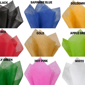 May include: Assortment of tissue paper in various colors, including black, sapphire blue, goldenrod, red, gold, apple green, kelly green, hot pink, and white.