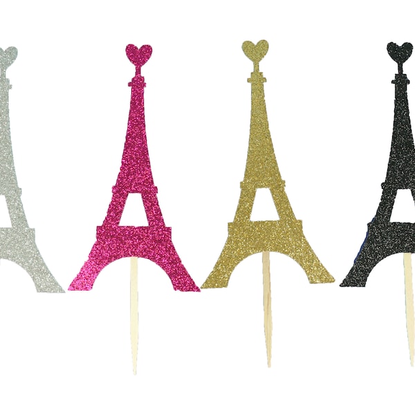 Glitter EIFFEL TOWER Shape with HEART Top Cupcake Topper Pick 4” Tall by 2-1/4" Wide Choose Color and Package Amount