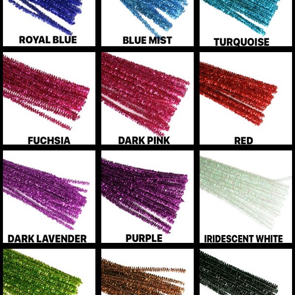 12" Metallic TINSEL Chenille ( Pipe Cleaner ) 6MM Stems Choose Color and Package Amount