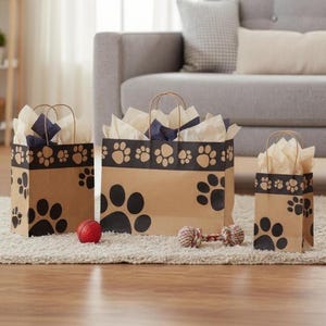 Diseño de HUELLA DE PATA en papel de regalo KRAFT para compras de perrito (solo bolsa) Elija tamaño y cantidad del paquete