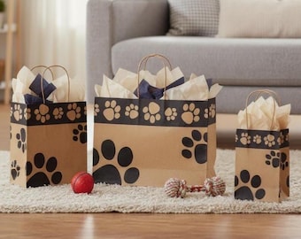 PAW PRINT Design on KRAFT Shopping Gift Paper Doggie ((Bag Only)) Choose Size & Package Amount
