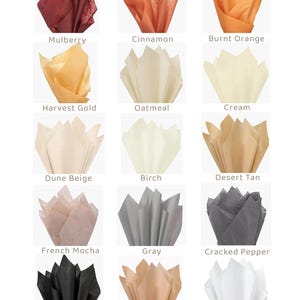 May include: A collection of colorful tissue paper in various shades, including Mulberry, Cinnamon, and Burnt Orange. Each tissue paper is fanned out, showcasing its texture and color. The image also includes colors like Harvest Gold, Oatmeal, and Cream.