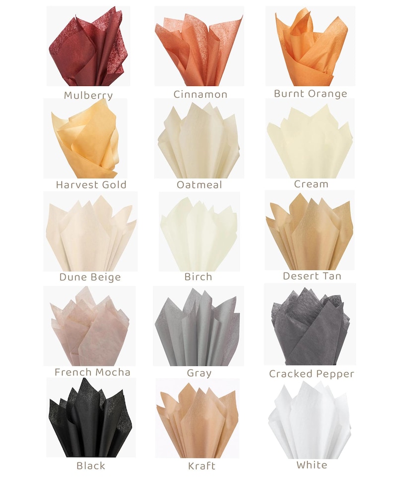 May include: A collection of colorful tissue paper in various shades, including Mulberry, Cinnamon, and Burnt Orange. Each tissue paper is fanned out, showcasing its texture and color. The image also includes colors like Harvest Gold, Oatmeal, and Cream.