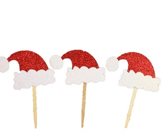 Glitter SANTA HAT Design 2-1/2" Cupcake Toppers Christmas Holiday Theme Party Decor CHOOSE Package Amount