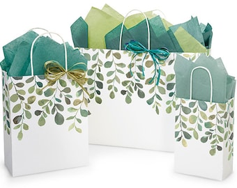 WATERCOLOR GREENERY Design Print White Kraft Shopping Gift Paper ((Bag Only)) Choose Size & Package Amount