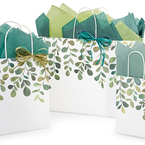 WATERCOLOR GREENERY Design Print White Kraft Shopping Gift Paper ((Bag Only)) Choose Size & Package Amount