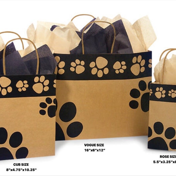 PAWS PRINT Design on KRAFT Shopping Gift Paper Doggie ((Bag Only)) Choose Size & Package Amount