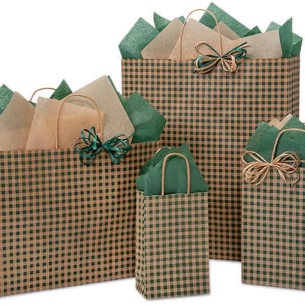 HUNTER Green GINGHAM Design Print Kraft Party Gift Paper ((Bag ONLY)) Choose Size & Package Amount