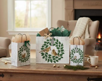 FARMHOUSE wreath BIRDS Design Print White Kraft Shopping Gift Paper ((Bag Only)) Choose Size