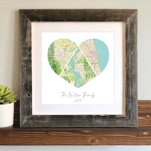 May include: A framed print of a heart-shaped map with three sections, each representing a different location. The text "The Wilson Family 2024" is printed below the map.