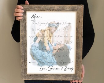 First Mothers Day Gift for Wife from Baby- Letter to Mom over Watercolor Painting from Photo of Mom and Child, Meaningful Gift for Mom