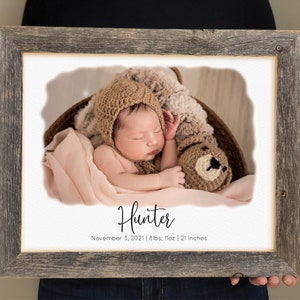 Framed Newborn Photo with Birth Stats Sign for Neutral Nursery- Personalized New Baby Gift For Nephew, Baby Baptism Gift, Baby Name Sign