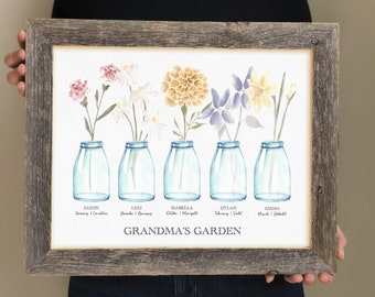 Personalized Grandma's Garden Poster with Grandkids Names, Custom Family Birth Flower Bouquet, Custom Grandma Framed Gift, Mother Day Gift