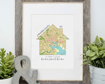 First Home Gift- Housewarming Present, Map of First Home, Moving Gift, Home is where the heart is, latitude longitude coordinates gift