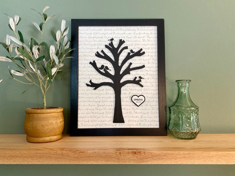 Song Lyric Art Framed Lyrics, First Dance, Unique Anniversary Gift, Custom Wedding Gift, Lyric Tree, Tree with Initials, Framed Paper Art image 6