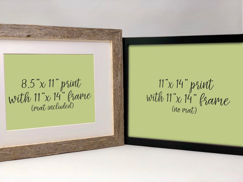May include: Two framed prints, one with a light wood frame and one with a black frame. The print in the light wood frame is 8.5 inches by 11 inches and the frame is 11 inches by 14 inches. The print in the black frame is 11 inches by 14 inches and the frame is 11 inches by 14 inches. The text on the prints reads "8.5"x 11" print with 11"x 14" frame (mat included)" and "11"x 14" print with 11"x 14" frame (no mat)".