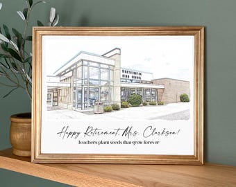 School Drawing Art Print Gift for Retiring Teacher- School Administrative Gift Goodbye Gift from Staff and Students, Principal Retirement