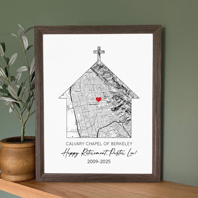 Personalized Pastor Gift with Map of your Church- Pastor Appreciation Gift, Pastor Retirement Gift, Priest Minister or Preacher Gift Dark Wood