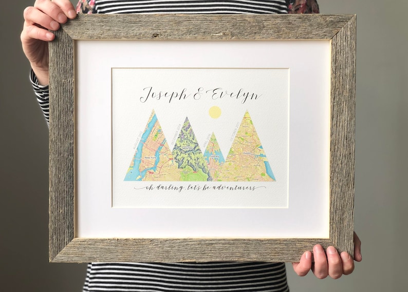 Couples Travel Map Custom 5th Anniversary Gifts For Husband, Wife Personalized Wood Mountain Travel Adventure Wedding Gifts image 4