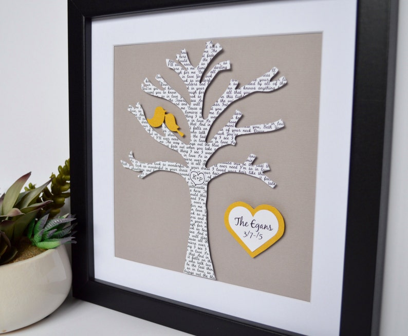 Tree Silhouette with Birds for Newlyweds, Framed Family Tree, Wedding Gift for Niece, Personalized Farmhouse Decor, First Dance Song image 2