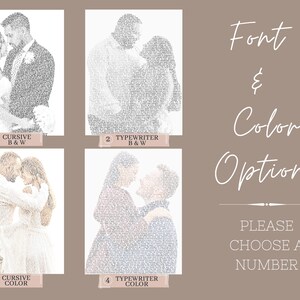 Puede incluir: Cuatro opciones diferentes para un retrato de boda hecho con texto. La primera opci&oacute;n es una fuente cursiva en blanco y negro. La segunda opci&oacute;n es una fuente de m&aacute;quina de escribir en blanco y negro. La tercera opci&oacute;n es una fuente cursiva en color. La cuarta opci&oacute;n es una fuente de m&aacute;quina de escribir en color. El texto dice "Fuente y opciones de color. Por favor, elige un n&uacute;mero."