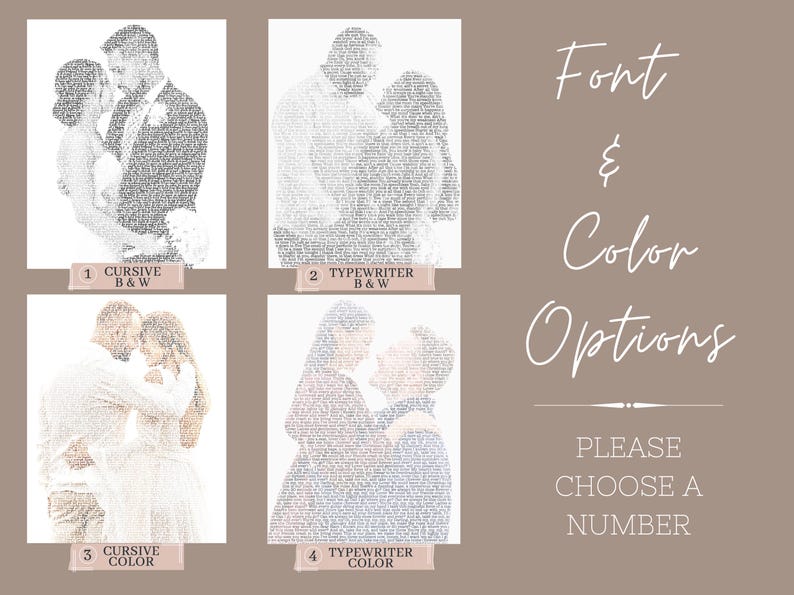 Puede incluir: Cuatro opciones diferentes para un retrato de boda hecho con texto. La primera opci&oacute;n es una fuente cursiva en blanco y negro. La segunda opci&oacute;n es una fuente de m&aacute;quina de escribir en blanco y negro. La tercera opci&oacute;n es una fuente cursiva en color. La cuarta opci&oacute;n es una fuente de m&aacute;quina de escribir en color. El texto dice "Fuente y opciones de color. Por favor, elige un n&uacute;mero."