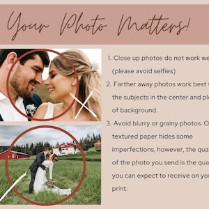 May include: A guide with tips for taking photos for printing. The guide says to avoid close-up photos and blurry or grainy photos. It recommends taking photos from farther away with the subjects in the center and plenty of background.