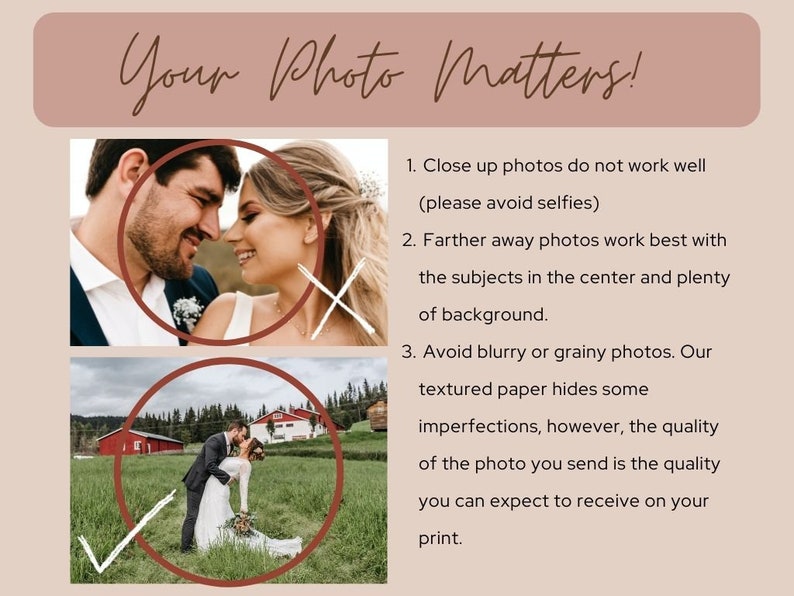 May include: A guide with tips for taking photos for printing. The guide says to avoid close-up photos and blurry or grainy photos. It recommends taking photos from farther away with the subjects in the center and plenty of background.