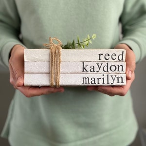 Hand Stamped Books- Farmhouse Custom Books, Personalized Name Decor,  Bookstacks with names, vintage, Rustic Accents, Custom Book Stack