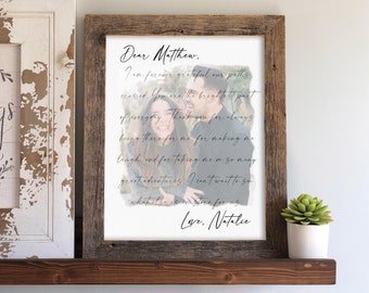 Personalized Love Letter over watercolor picture- First Anniversary Gift for Boyfriend, Sentimental Gift for Girlfriend with Customized text