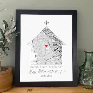 May include: A black and white map of Berkeley, California, shaped like a church with a red heart in the center. The text below reads "Calvary Chapel of Berkeley, Happy Retirement Pastor Lee! 2009-2025".